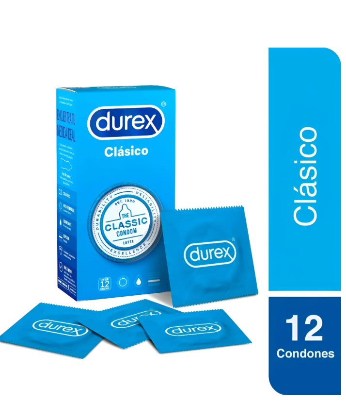 Durex Clásico 12 Condones Preservativos Látex Lubricados